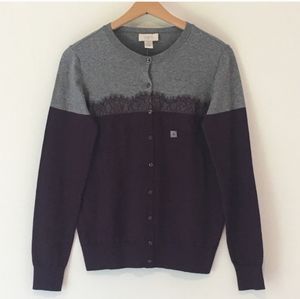 LOFT Outlet Cardigan Sweater Color Block Lace Long Sleeve Purple Gray Button
